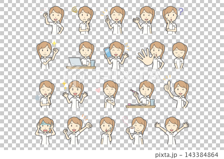 Set of 20 facial expressions and poses of a woman in a white coat (upper body) Set of 20 facial expressions and poses of a woman in a white coat (upper body) 143384864