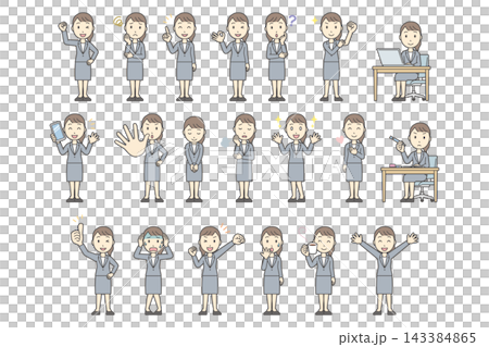 A set of 20 different facial expressions and poses of a woman in a gray suit (full body). A set of 20 different facial expressions and poses of a woman in a gray suit (full body). 143384865