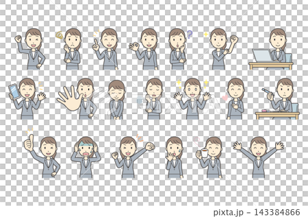 Set of 20 facial expressions and poses of a woman in a gray suit (upper body) Set of 20 facial expressions and poses of a woman in a gray suit (upper body) 143384866