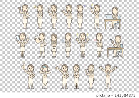 A set of 20 different facial expressions and poses of a woman in a beige suit (full body). A set of 20 different facial expressions and poses of a woman in a beige suit (full body). 143384873