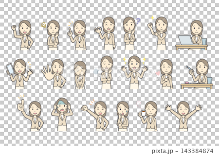 A set of 20 different facial expressions and poses of a woman in a beige suit (upper body). A set of 20 different facial expressions and poses of a woman in a beige suit (upper body). 143384874