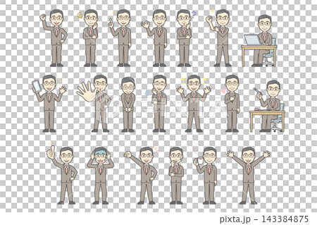 A set of 20 facial expressions and poses (full body) of a middle-aged man in a suit. A set of 20 facial expressions and poses (full body) of a middle-aged man in a suit. 143384875