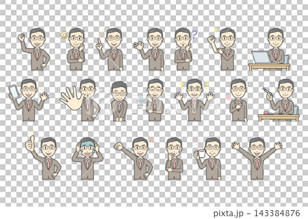 A set of 20 facial expressions and poses for a middle-aged man in a suit (upper body). A set of 20 facial expressions and poses for a middle-aged man in a suit (upper body). 143384876