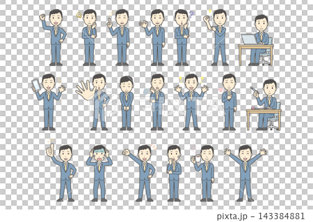 A set of 20 different facial expressions and poses (full body) of a man in a blue suit. A set of 20 different facial expressions and poses (full body) of a man in a blue suit. 143384881