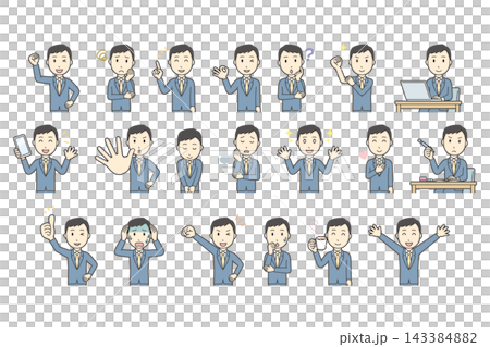 A set of 20 facial expressions and poses for a man in a blue suit (upper body). A set of 20 facial expressions and poses for a man in a blue suit (upper body). 143384882
