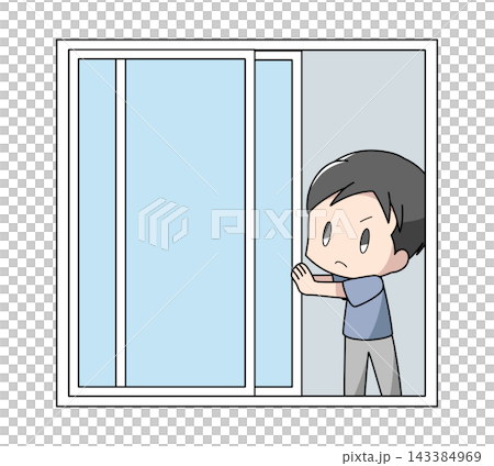 Illustration of a man opening a window in his house Illustration of a man opening a window in his house 143384969