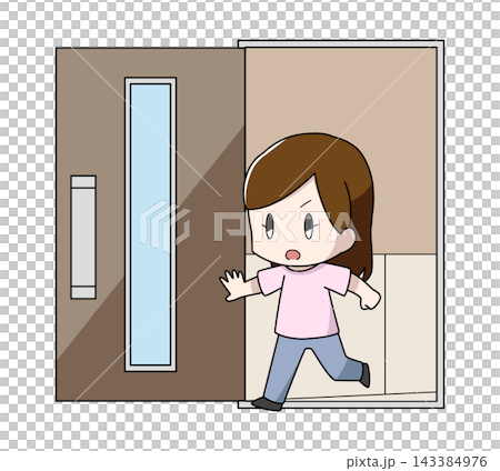 Illustration of a woman opening a house door Illustration of a woman opening a house door 143384976