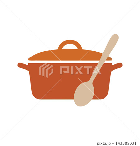 Simple illustration of a cooking pot and spoon, representing food preparation and kitchen tools. Simple illustration of a cooking pot and spoon, representing food preparation and kitchen tools. 143385031
