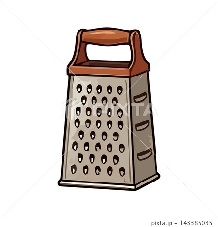A cartoon illustration of a four-sided metal kitchen grater with a wooden handle, perfect for food preparation and cooking themes. 143385035