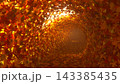 3D render of a tunnel made of red, orange and yellow autumn leaves with warm sunlight shining through, a cozy fall season background. 143385435
