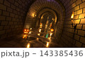 3D render of a spooky stone brick dungeon tunnel lit by wall torches, with glowing jack o lantern pumpkins, candles, a spider and a skeleton for Halloween. 143385436