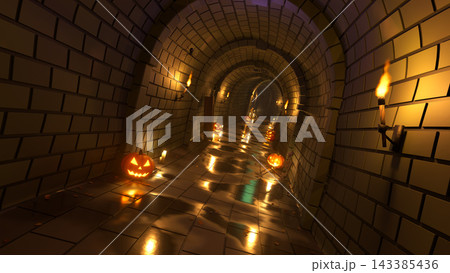 3D render of a spooky stone brick dungeon tunnel lit by wall torches, with glowing jack o lantern pumpkins, candles, a spider and a skeleton for Halloween. 3D render of a spooky stone brick dungeon tunnel lit by wall torches, with glowing jack o lantern pumpkins, candles, a spider and a skeleton for Halloween. 143385436