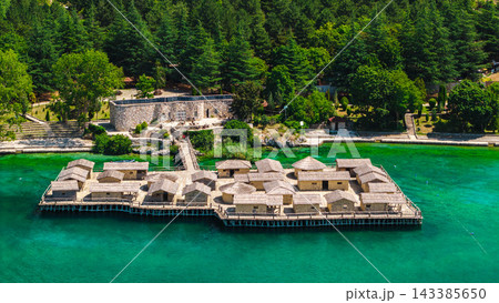 Elevated View of Bay of Bones Museum on Lake Ohrid 143385650