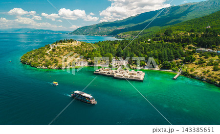 Aerial Perspective on the Bay of Bones Museum at Lake Ohrid 143385651