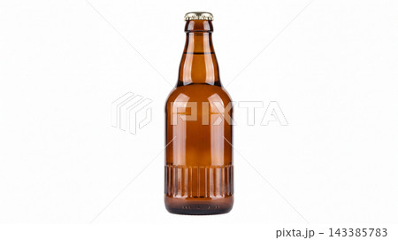 Amber glass beer bottle without label against white background with beverage container isolated transparent refreshment brilliant packaging glassware background refreshing commercial beverages 143385783