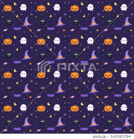 Seamless cute Halloween pattern with a jack-o-lantern pumpkin, ghost, witch hat, cauldron, bat, candy and spider on a dark purple background Seamless cute Halloween pattern with a jack-o-lantern pumpkin, ghost, witch hat, cauldron, bat, candy and spider on a dark purple background 143385794