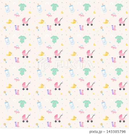 Seamless cute kawaii kitten pattern with sitting, sleeping and smiling cats, yarn balls, fish and paw prints on a soft peach background 143385796