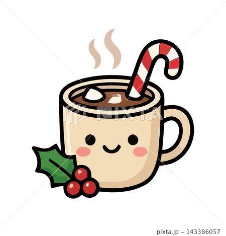 Adorable kawaii style hot chocolate mug with marshmallow, candy cane, and holly berry garnish. 143386057