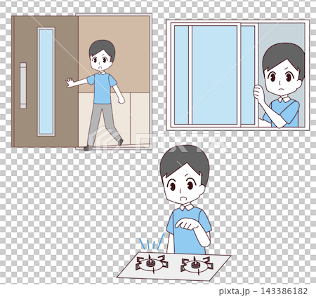 A set of three illustrations showing points to check immediately after an earthquake (male). A set of three illustrations showing points to check immediately after an earthquake (male). 143386182
