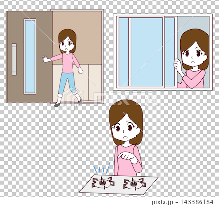 一組三幅插圖,顯示地震後應立即檢查的要點(女性版)。 一組三幅插圖,顯示地震後應立即檢查的要點(女性版)。 143386184