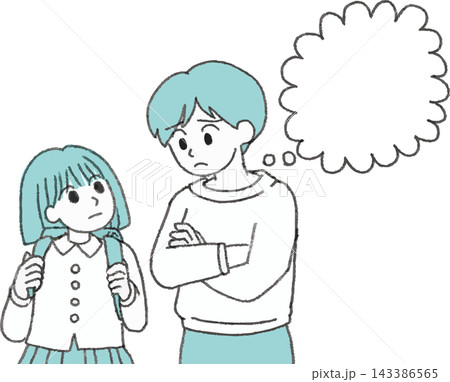 子育てや教育に悩む母親と小学生の女の子の2色イラスト 吹き出し付き 手書き風デフォルメ（母娘の悩み・ 143386565
