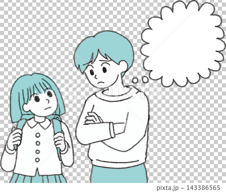 子育てや教育に悩む母親と小学生の女の子の2色イラスト 吹き出し付き 手書き風デフォルメ（母娘の悩み・ 143386565