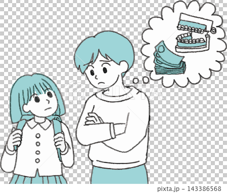 A two-color illustration of a mother and elementary school girl, both worried about their child's orthodontic treatment and the associated costs, with speech bubbles and a hand-drawn, stylized (small) illustration. A two-color illustration of a mother and elementary school girl, both worried about their child's orthodontic treatment and the associated costs, with speech bubbles and a hand-drawn, stylized (small) illustration. 143386568