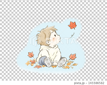 A small illustration of a toddler gazing at falling autumn leaves. A small illustration of a toddler gazing at falling autumn leaves. 143386582