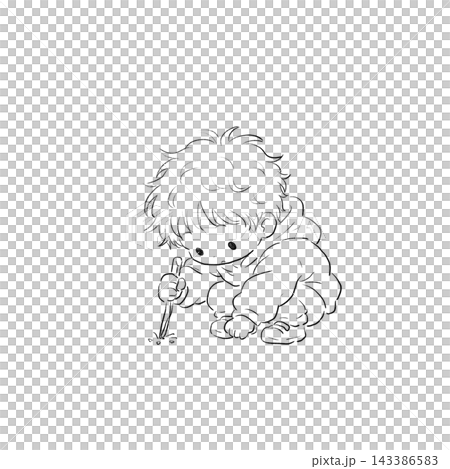 A hand-drawn line drawing of a toddler playing by poking the ground with a stick. A hand-drawn line drawing of a toddler playing by poking the ground with a stick. 143386583