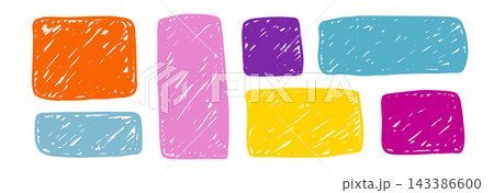Hand drawn crayon text box frame set. Colored brush stroke doodle border collection. Rough texture edge rectangle or square shapes. Vector pastel chalk sketch scribbles for sticker, patch, label Hand drawn crayon text box frame set. Colored brush stroke doodle border collection. Rough texture edge rectangle or square shapes. Vector pastel chalk sketch scribbles for sticker, patch, label 143386600