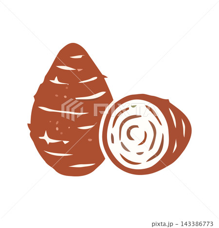 Stylized illustration of a whole sweet potato and a cross-section of another, rendered in a rustic, hand-drawn style. Stylized illustration of a whole sweet potato and a cross-section of another, rendered in a rustic, hand-drawn style. 143386773