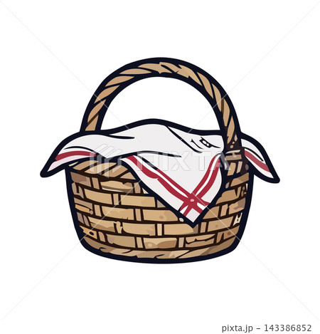 A charming woven picnic basket, lined with a red and white striped cloth, presented on a clean white background. A charming woven picnic basket, lined with a red and white striped cloth, presented on a clean white background. 143386852