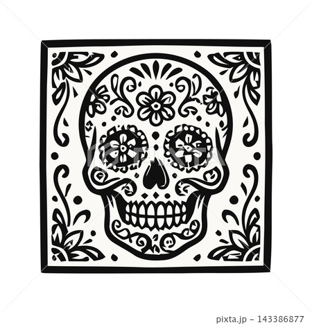 Intricate black and white sugar skull illustration with floral patterns, perfect for Day of the Dead themes. 143386877