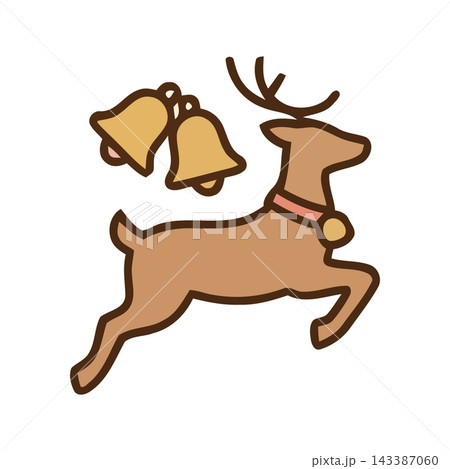Cute cartoon reindeer jumping with festive bells and collar, perfect for holiday designs. Cute cartoon reindeer jumping with festive bells and collar, perfect for holiday designs. 143387060