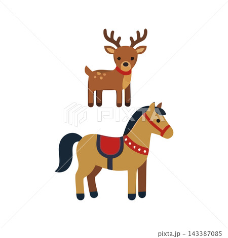 Charming vector illustration featuring a playful reindeer and a decorated horse, perfect for holiday and festive designs. 143387085