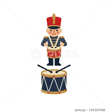 Illustration of a toy soldier drummer character playing a drum, isolated on a white background. 143387086
