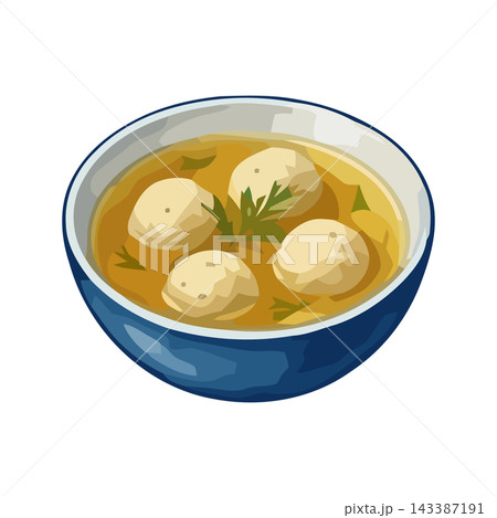 A close-up view of a comforting bowl of chicken noodle soup with fluffy dumplings and fresh parsley. 143387191