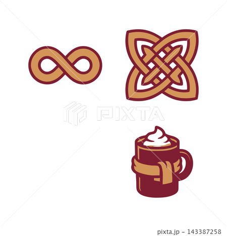 Collection of three distinct graphic elements: infinity, Celtic knot, and a warm drink. 143387258