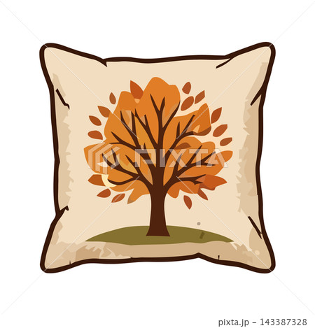 Cozy decorative pillow featuring a charming illustration of an autumn tree with vibrant orange leaves. 143387328