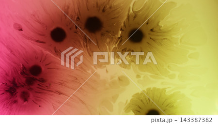 Flow ink. Liquid texture. Blur purple pink yellow color spill acrylic water bubble floating on abstract creative art neon background. 143387382
