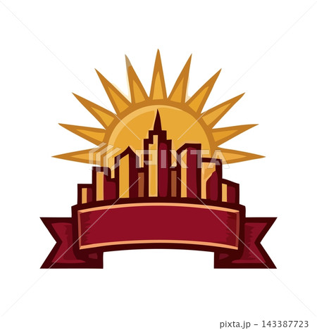 Stylized cityscape with a sunburst rising behind it, overlaid with a decorative ribbon banner. Stylized cityscape with a sunburst rising behind it, overlaid with a decorative ribbon banner. 143387723