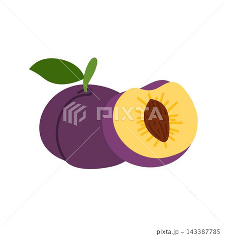 whole plum and halved plum with leaf illustration whole plum and halved plum with leaf illustration 143387785