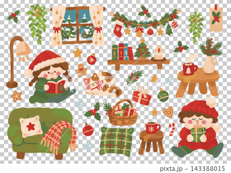 Cute Christmas winter room illustration set: girl, cat, tree, presents, interior decor Cute Christmas winter room illustration set: girl, cat, tree, presents, interior decor 143388015