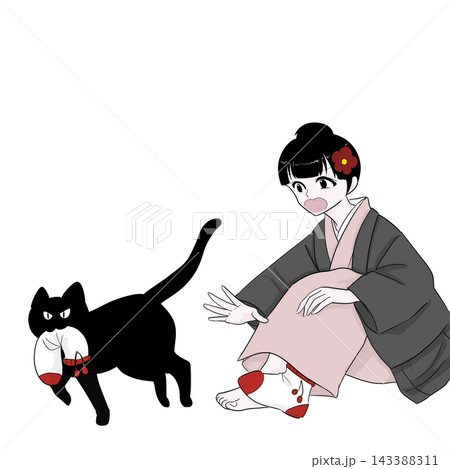 靴下にじゃれる猫と着物女性　冬の暮らし 143388311
