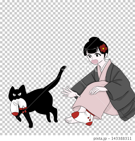 靴下にじゃれる猫と着物女性　冬の暮らし 143388311