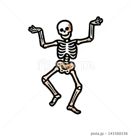 A playful, cartoon-style skeleton dancing with its arms and legs spread wide, isolated on a white background. 143388336