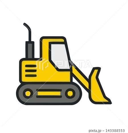 A simple yellow bulldozer icon with tracks and a front loader, isolated on a white background. A simple yellow bulldozer icon with tracks and a front loader, isolated on a white background. 143388553