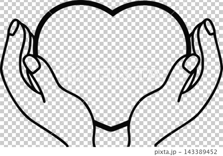 An illustration of a heart held in both hands (line drawing, black). An illustration of a heart held in both hands (line drawing, black). 143389452