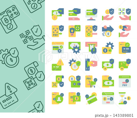 Set of payment method flat icons. Online banking, QR code pay, secure transaction, credit card, and e-wallet concept. Set of payment method flat icons. Online banking, QR code pay, secure transaction, credit card, and e-wallet concept. 143389801