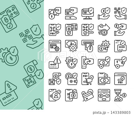 Set of payment method line icons. Online banking, QR code pay, secure transaction, credit card, and e-wallet concept. Set of payment method line icons. Online banking, QR code pay, secure transaction, credit card, and e-wallet concept. 143389803